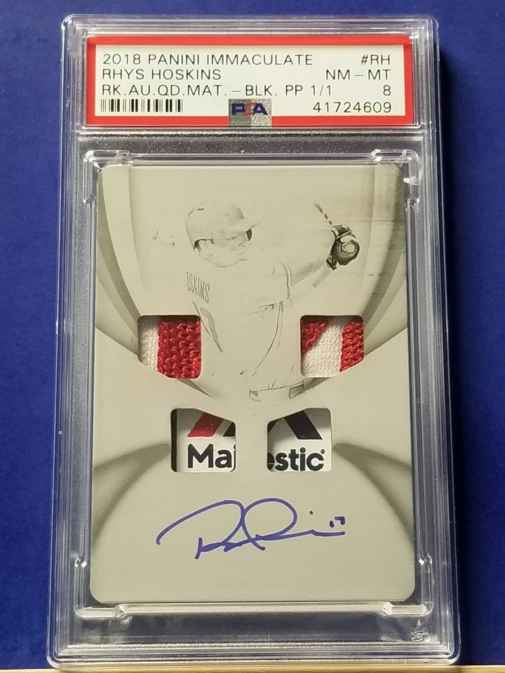 Rhys Hoskins - 2018 Immaculate Rookie Autograph Quad Relic Black Plate PSA 8   - Image 1 of 2