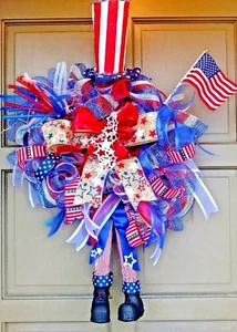 July 4th Summer Front Door Wreath Patriotic Uncle Sam Red White Blue Decor - Picture 1 of 6