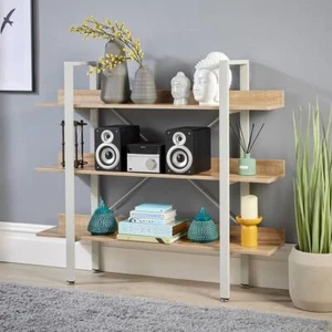 3 Tier Wide Bookcase Display Storage 120cm Oak Finish Grey Frame Urban Style - Picture 1 of 9