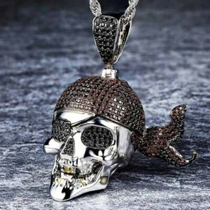 Pirate Skull With Red Ribbon Multi Color Gemstones 925 Sterling Silver Pendants - Picture 1 of 7