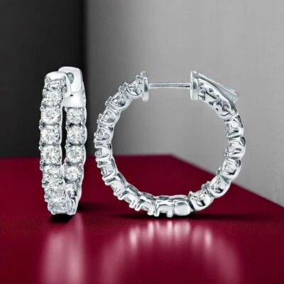 14k White Gold Women Hoop Earring Diamond Lab Grown 3.00 Carat Round 1 inches - Image 1 of 4