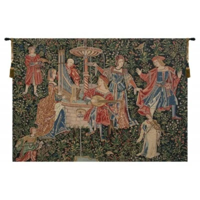 Medieval Concert Music Dancing Garden Scene European Woven Tapestry Wall Hanging - Image 1 of 4
