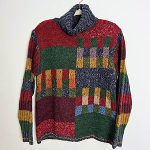 Vintage Womens Sweater | Y2K 90s 00s Turtleneck | Muted Geometric Color Block L - Picture 1 of 9
