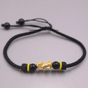 Pure 999 24K Yellow Gold Men Women Pixiu Beads Bracelet 0.2-0.3g 6.7inch Adjust - Picture 1 of 6