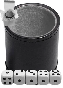 (5) 16mm White Dice Black Pips + PU Leather Dice Cup Grey Felt Lined Sealed Box - Foto 1 di 5