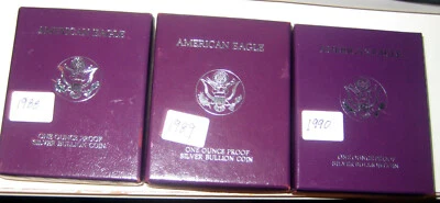 LOTE DE 3 ÁGUILAS DE PLATA PROOF EN EMBALAJE ORIGINAL DEL GOBIERNO ~ 1988-1990 SAN FRANCISCO Foto 1 de 4