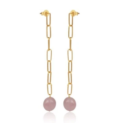 Brincos retangulares de corrente de elos abertos longos com pedra preciosa de quartzo rosa redonda plana - Imagem 1 de 4