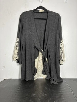 One World Tie Front Cardigan Sweater Gray 2X Lace Inserts Boho NEW - Image 1 of 4
