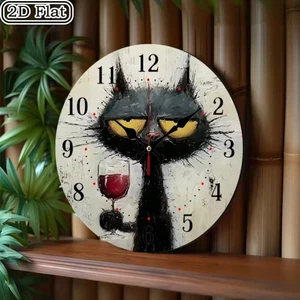 NEW Black Cat & Wine Clock Wood Frame Quite Quartz Movement Large Easy to Read - Picture 1 of 4
