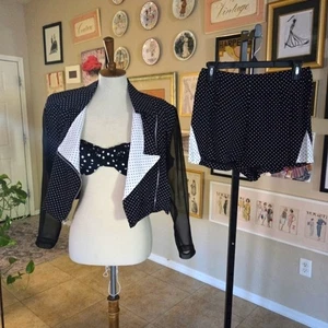80er Jahre schwarz-weiß gepunktet Croppe Jacke High Waist kurz Set - Bild 1 von 9