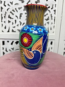 Talavera Pottery Mexican Folk Art Hand Painted Vase Bird Floral 9” - Picture 1 of 6