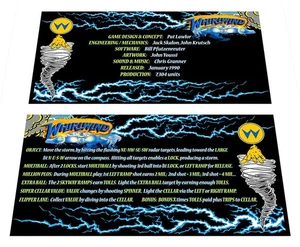 Williams Whirlwind Pinball Custom Apron Instruction Cards - Picture 1 of 1