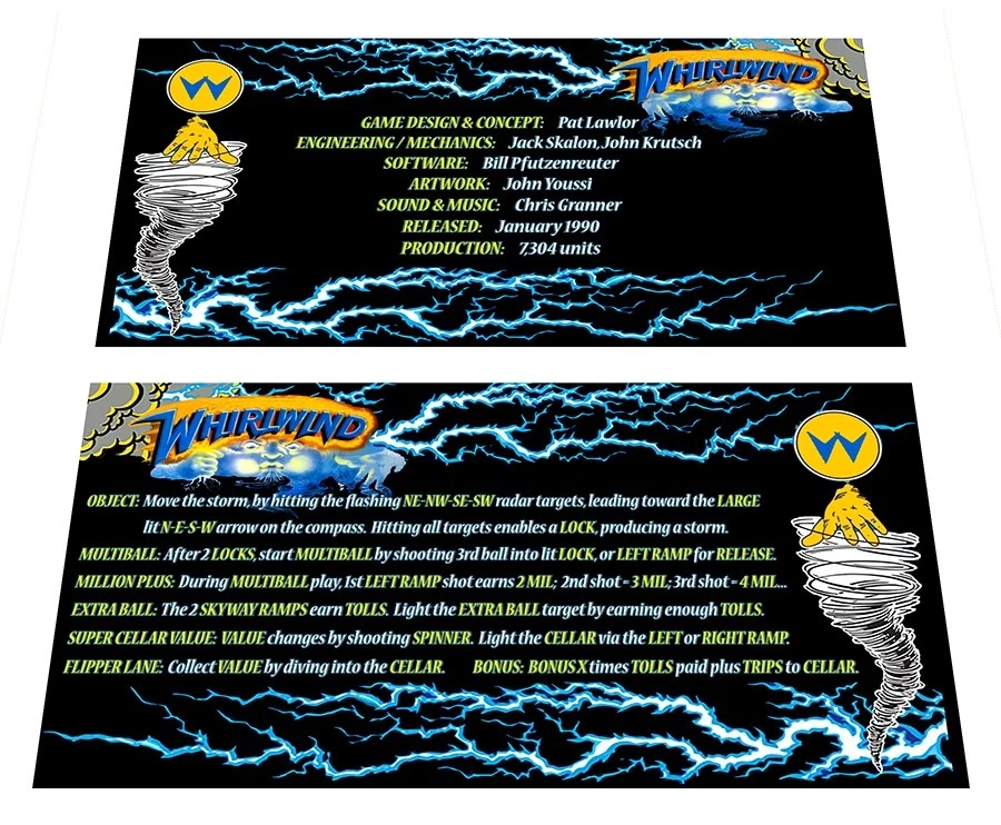 Williams Whirlwind Pinball Custom Apron Instruction Cards - Image 1 of 1
