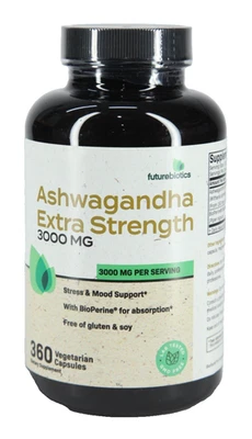 Futurebiotics Ashwagandha Extra Strength Stress & Mood Support 360 contagem 01/25 - Imagem 1 de 4