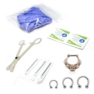 LUXE MODZ Horseshoe Septum Piercing Kit Circular Septum Needle Forceps Gloves 10 Pcs