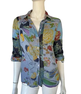 Magazine Blue Multicolor Mixed Media Blue Floral  Patchwork Button-Down Shirt S - Picture 1 of 5