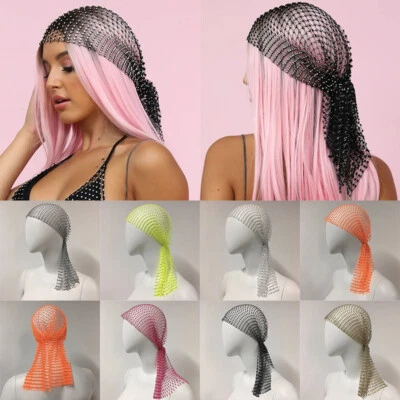 Womens Rhinestone Head Scarf Turban Hat Headband Crystal Mesh Hair Snood Nets↔ - Image 1 of 4