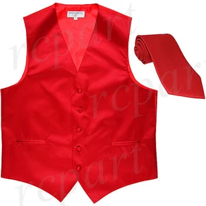 New Polyester formal Men's Tuxedo Vest Waistcoat & tie solid Red Prom wedding - Picture 1 of 4