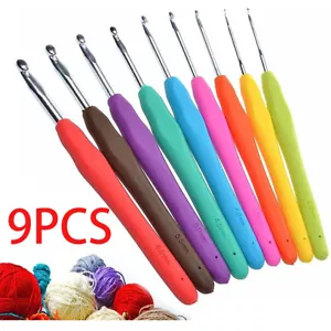 9Pcs Aluminium Crochet Hooks Set Soft Grip Handles Knitting Needles Multi Color - Picture 1 of 14