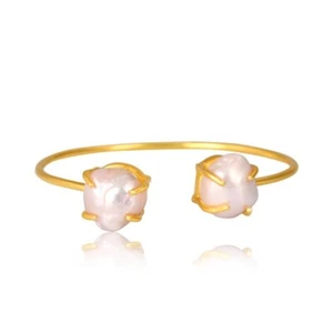 Dual Stone Yellow Gold Plated Cuff Bangle Bracelet With Raw Pearl Gift For Her - Picture 1 of 5