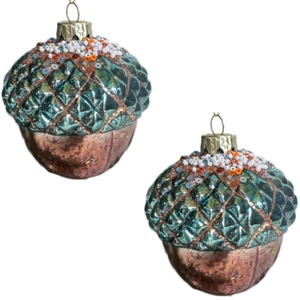 Set 2 Kurt Adler Glass Teal & Gold Acorn Christmas Ornament Mercury Glass Style - Picture 1 of 9