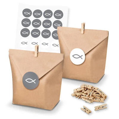 itenga SET Geschenktüten Fisch Grau (Motiv 93) 24 x Tüten+Klammern+Sticker - Bild 1 von 2