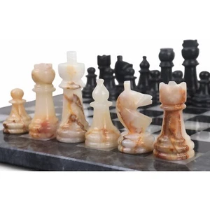 Onyx Marble Chess Pieces & Board Combo Set - 12" - Black and White Stone - Picture 1 of 9