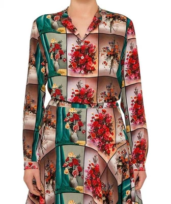 Blusa Top Stella McCartney Estampado Floral Florero Seda Rojo Verde Cuadros IT 38 Foto 1 de 4