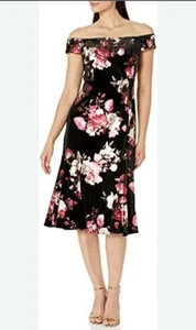 Adrianna Papell Sz 6 Black Multi Floral Velvet Off Shoulder Cocktail Midi Dress - Picture 1 of 10