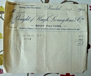 Invoice Hugh Livingstone & Co  Oddfellows Buildings Kendal  1929 - Picture 1 of 1