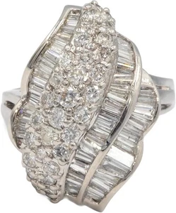 14k White Gold Round & Baguette Diamond Cluster Cocktail Ring 3.50CT Size 8 - Picture 1 of 4
