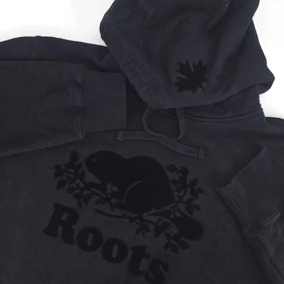 Roots Canada Hoodie Women Medium Black Beaver Logo Burnout Velvet Sports Classic - Image 1 of 4