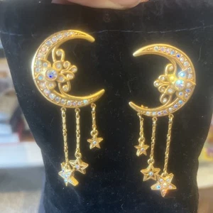 Kirks Folly Moon Earrings Vintage Gold Jewelry Signed Rhinestone Stars Celestial - Picture 1 of 9