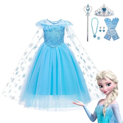 Girls Frozen Elsa Costume Blue Sparkly Dress Kids Birthday Christmas Gift Idea - Image 1 of 4