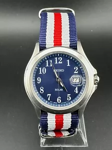 Seiko Solar Men's Blue Dial Date Quartz Watch 37mm V147-0AH0 - Picture 1 of 11