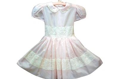 Vestido de festa rosa tamanho 4-5 vintage anos 50 meninas babado renda chiffon círculo saia crinolina - Imagem 1 de 4