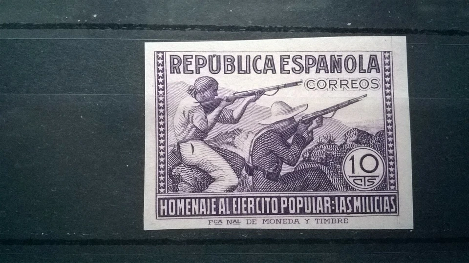 SPAIN 1938,  MILITIAS. 10 CTS VALUE IMPERFORATE. MNG-MNH**. SCARCE - Image 1 of 1