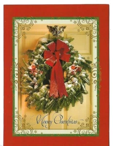 Greeting Card  4.5 x 6" Pine Wreath w/Red Bow Hanging on Door - Picture 1 of 3