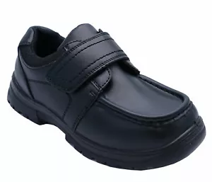 BOYS LEATHER BACK TO SCHOOL SHOES TOUCH STRAP BLACK SMART WEDDING LOAFERS  C10-6 - Picture 1 of 3