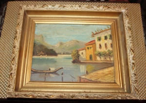 Antigua pintura al óleo holandesa Ocean Village Ciudad Casa Barco Pintura Firmada - Imagen 1 de 12