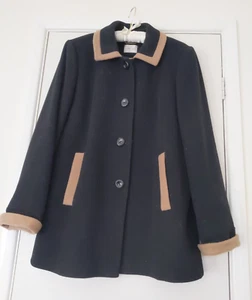 Eastex Black Wool Coat Mid Length Size 14 Beige Trims - Picture 1 of 7