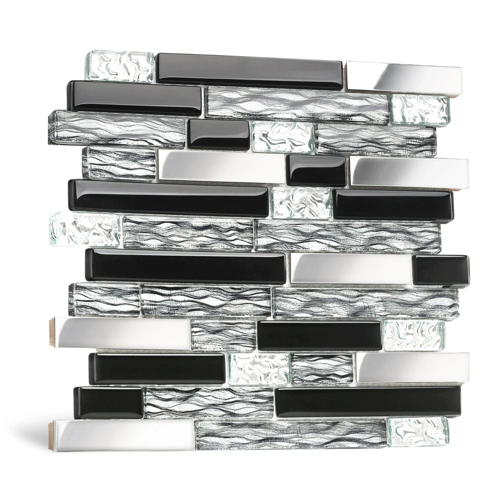 Black Crystal Glass Silver Steel Mosaic Wall Border Kitchen Bath Backsplash Tile - Image 1 of 4