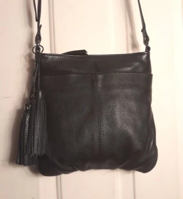 Clarks Black Leather Tassle Crossbody Purse BIKER Hobo Lucky Michael Kate Isabel - Image 1 of 4