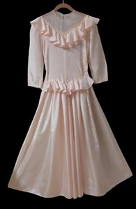 Vintage 40's Pink Satin Ruffles Gown Dress Ruching Sides Metal Side Zipper XS - Picture 1 of 11