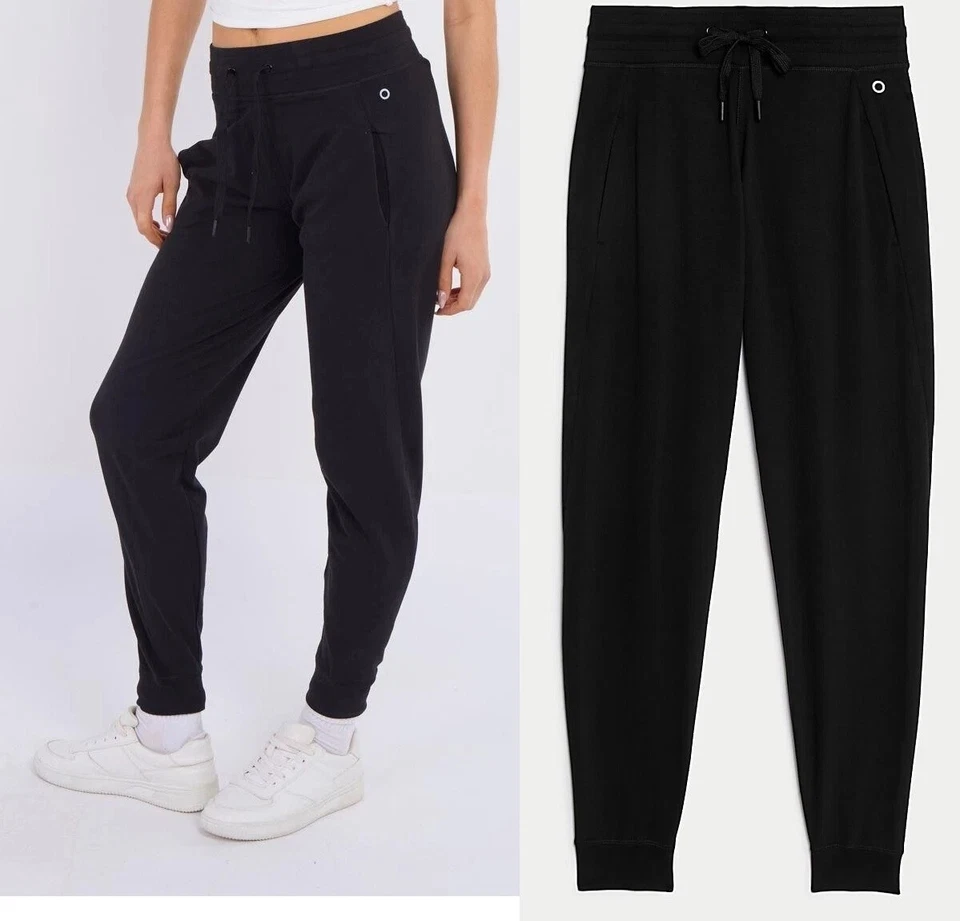 M&S Jogger High Rise Cotton Cuffed Bottom Yoga Gym Tapered Leg Pants Trouser - Image 1 of 4