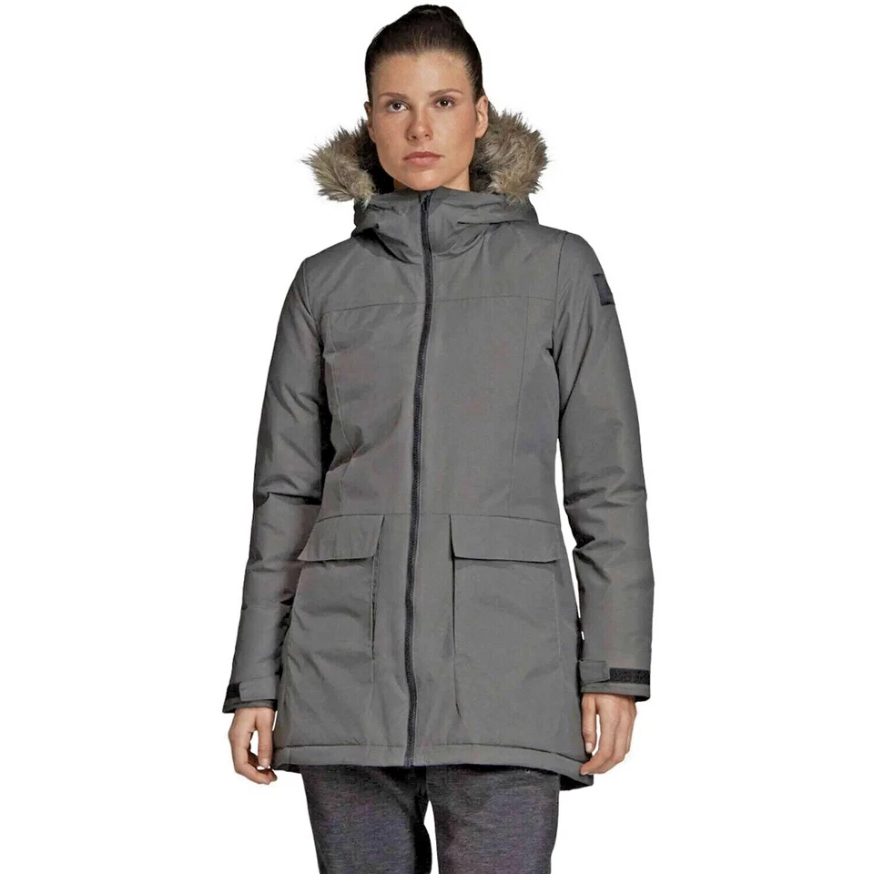 Adidas DZ1498 Xploric parka women Large puffer fur lined hood Gray/green cozy