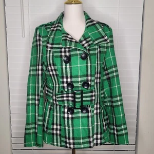 Last Kiss Green Prairie Fall Winter Christmas Woven Plaid Belted Peacoat Medium - Picture 1 of 7