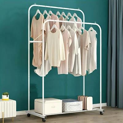 UNHO Double Rod Metal Clothing Garment Rack on Wheel Heavy Duty Portable Closets