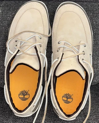 Timberland Hombres Cuero Barco Zapatos Beige Marrón y Gris Talla 13 Ancho Foto 1 de 4