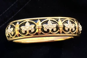 Classic SWAROVSKI Paved Crystal Black Enamel Fleur de Lis Hinged Bangle Bracelet - Picture 1 of 8